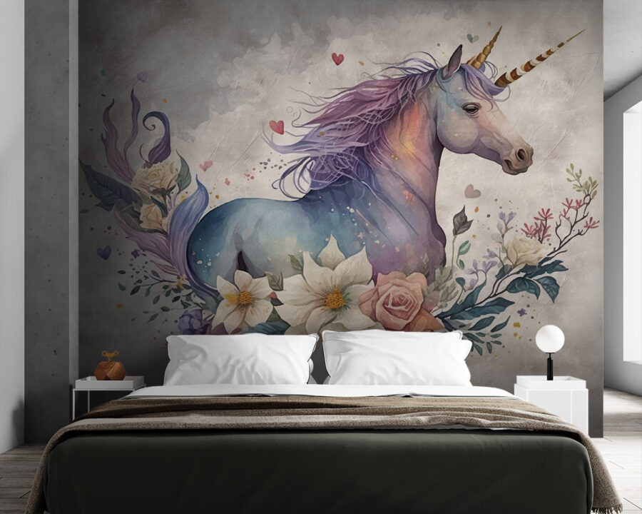Um unicórnio com flores e folhas