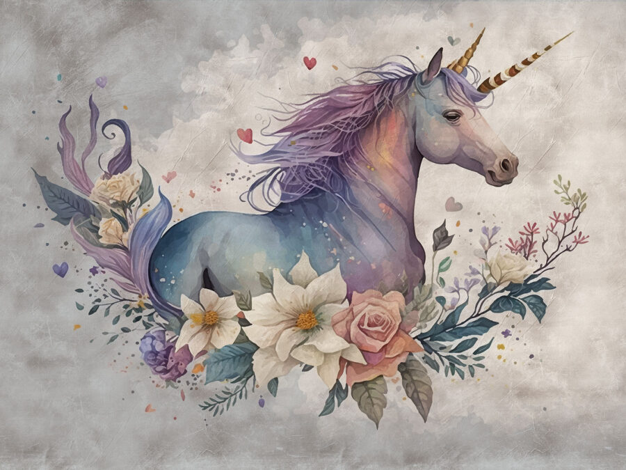 Um unicórnio com flores e folhas