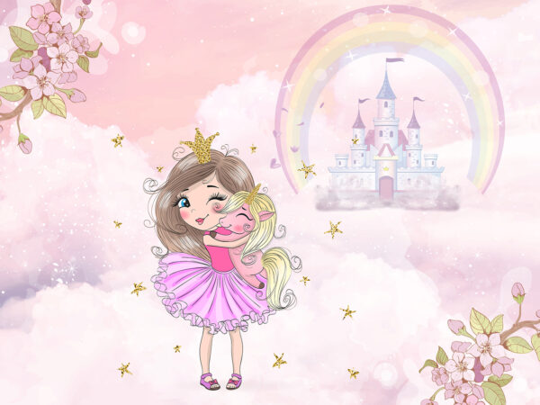 Desenho animado de uma rapariga a abraçar uma menina com um vestido cor-de-rosa Desenho animado de uma rapariga a abraçar uma menina com um vestido cor-de-rosa