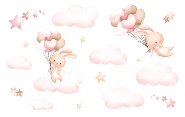 Grupo de nuvens cor-de-rosa e um coelhinho a segurar balões Grupo de nuvens cor-de-rosa e um coelhinho a segurar balões