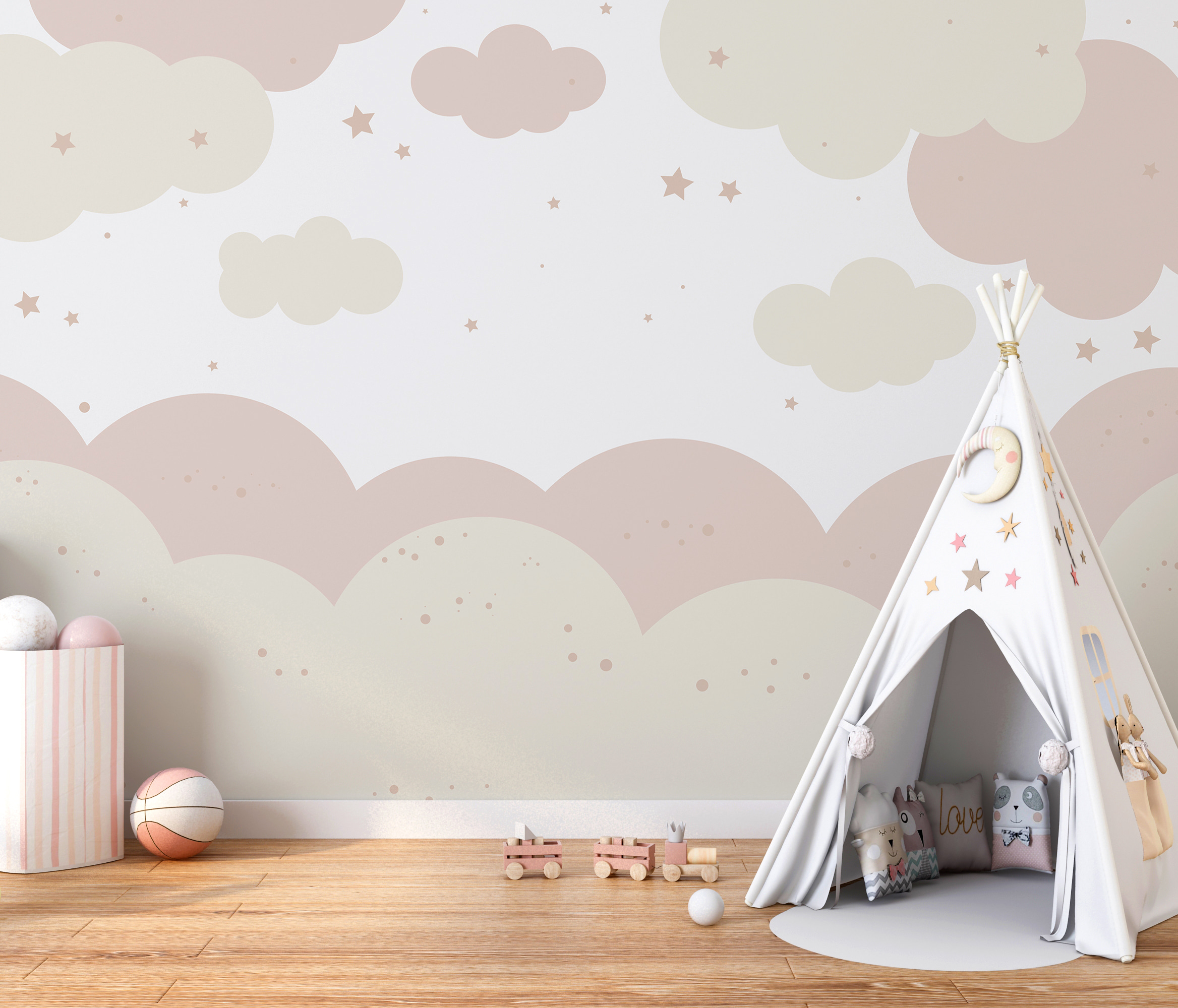 Pink and white clouds and stars