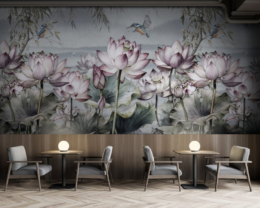 Pintura de flores e de um pássaro