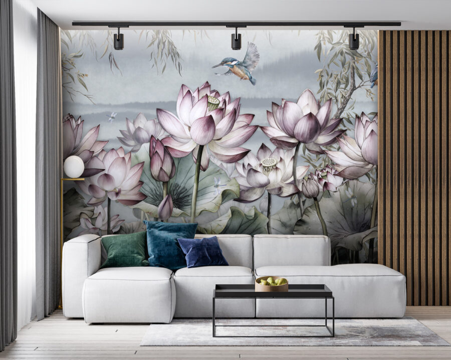 Pintura de flores e de um pássaro