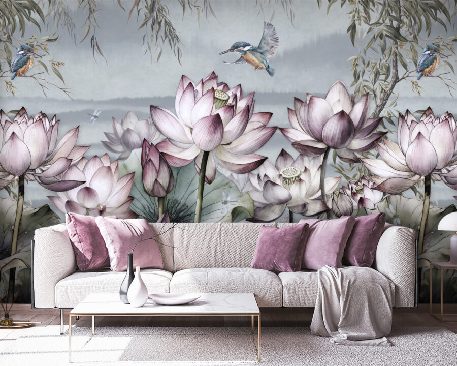Pintura de flores e de um pássaro