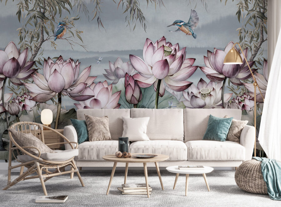 Pintura de flores e de um pássaro