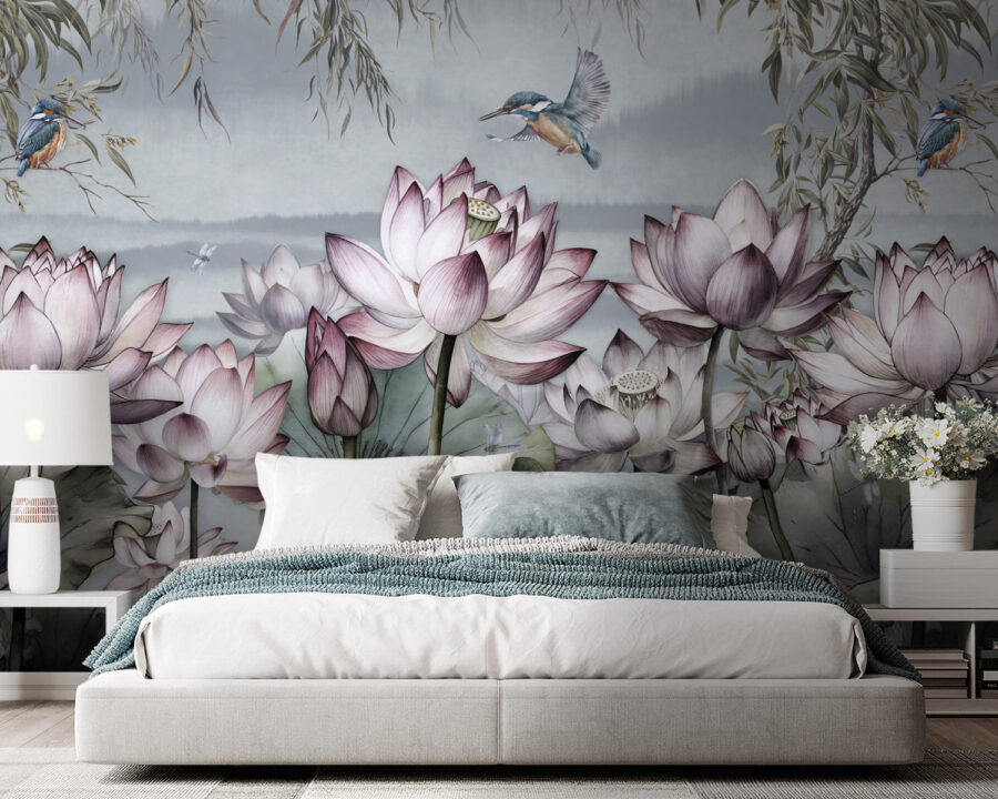Pintura de flores e de um pássaro