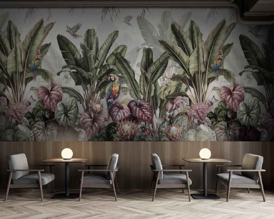 Papel de parede com plantas tropicais e pássaros