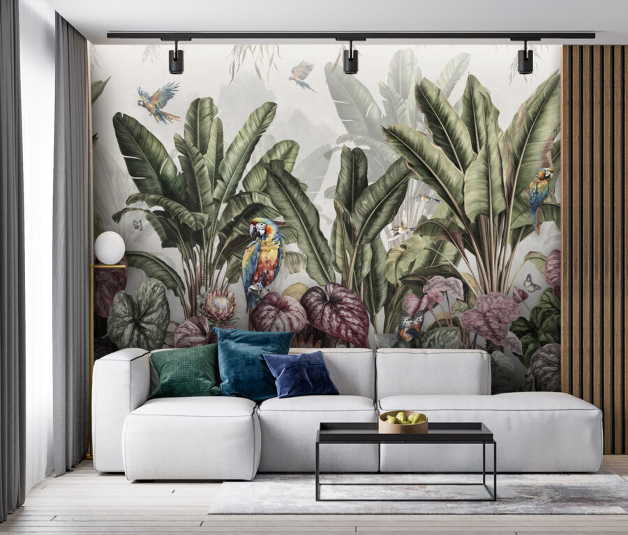 Papel de parede com plantas tropicais e pássaros