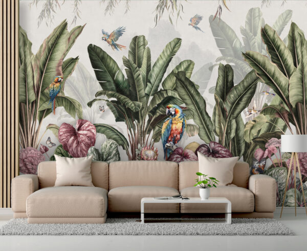 Papel de parede com plantas tropicais e pássaros Papel de parede com plantas tropicais e pássaros