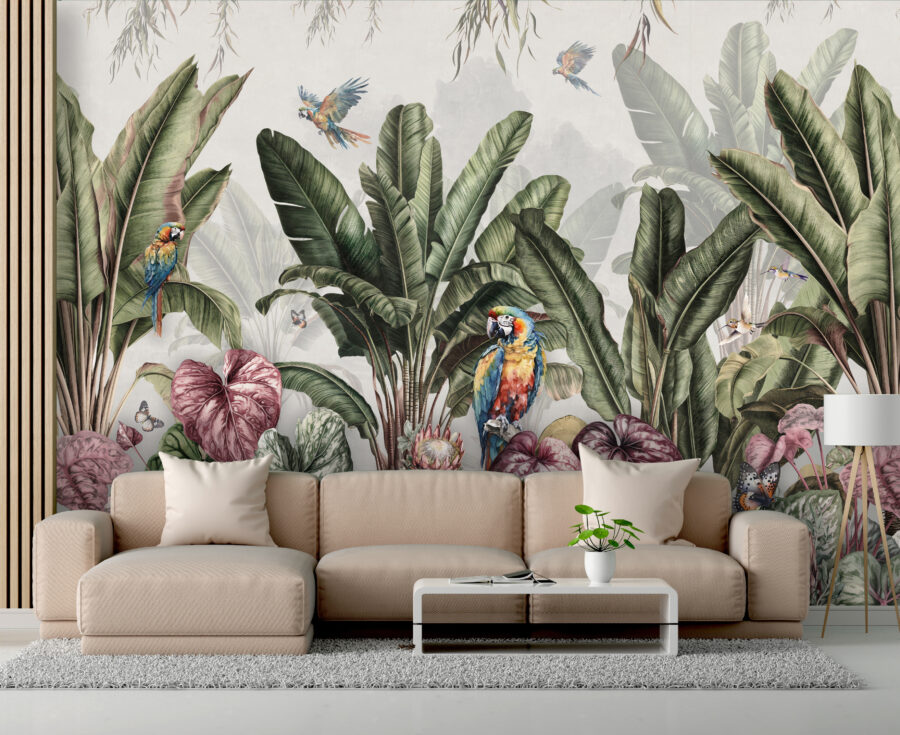 Papel de parede com plantas tropicais e pássaros