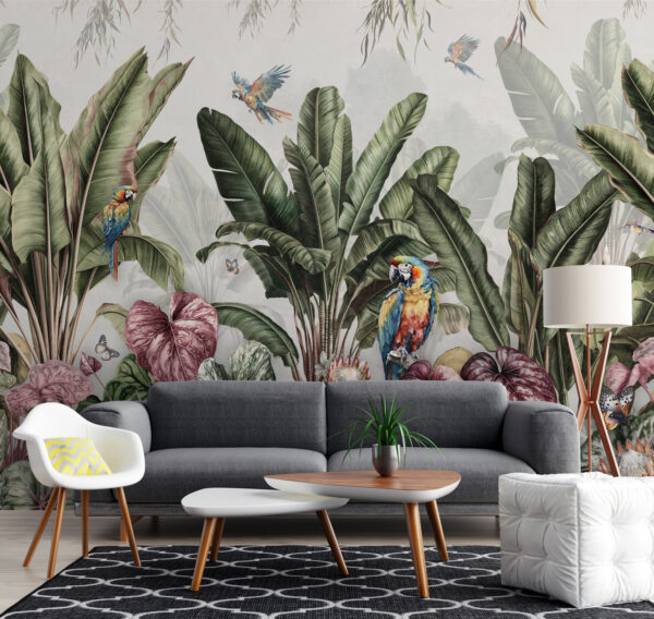 Papel de parede com plantas tropicais e pássaros Papel de parede com plantas tropicais e pássaros