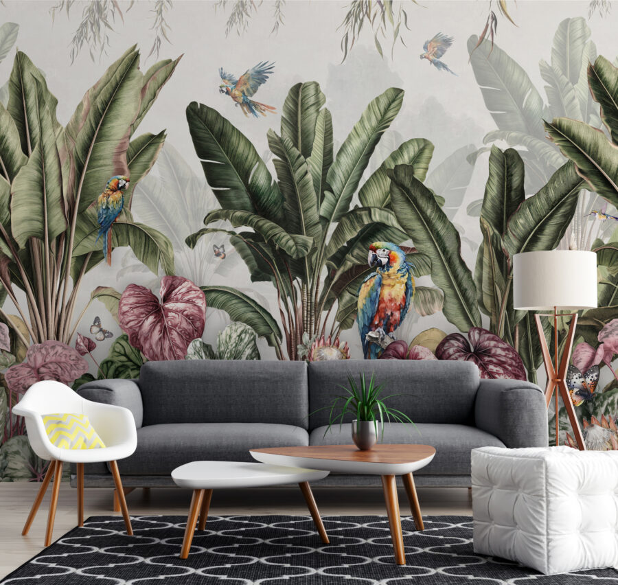 Papel de parede com plantas tropicais e pássaros