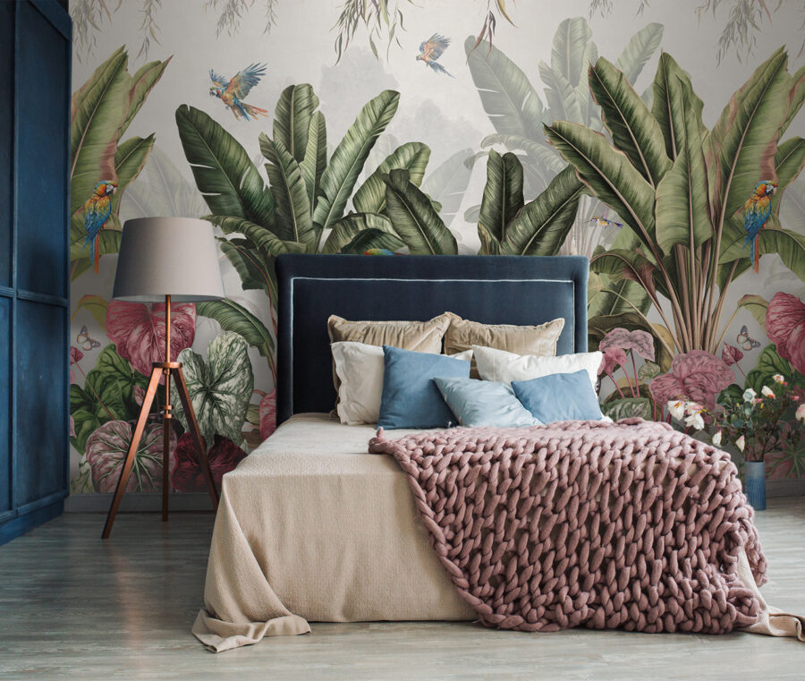 Papel de parede com plantas tropicais e pássaros