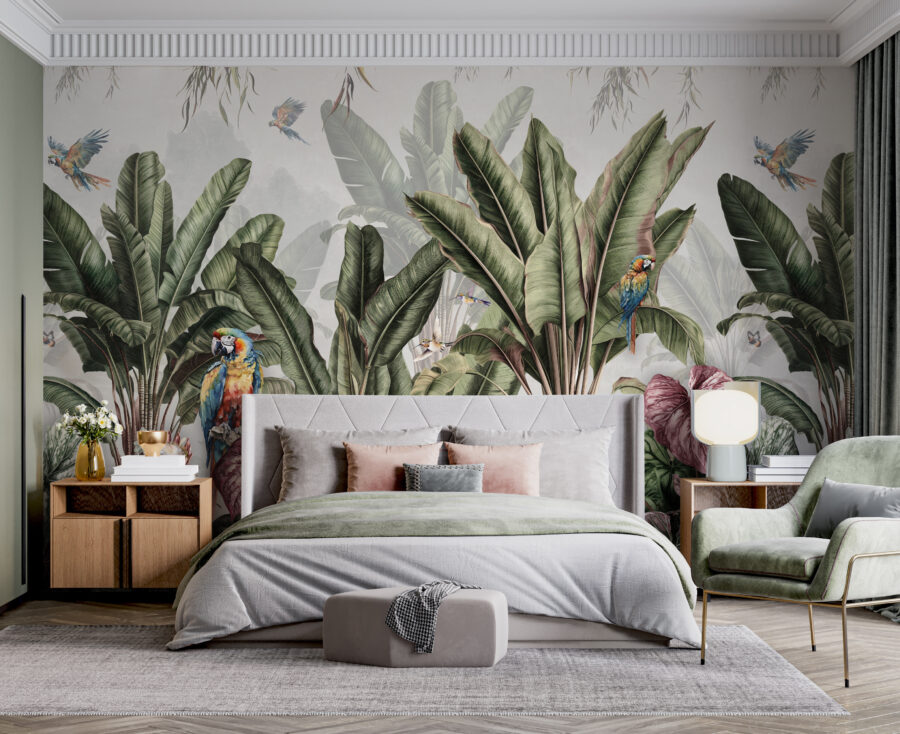 Papel de parede com plantas tropicais e pássaros