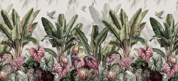 Papel de parede com plantas tropicais e pássaros Papel de parede com plantas tropicais e pássaros