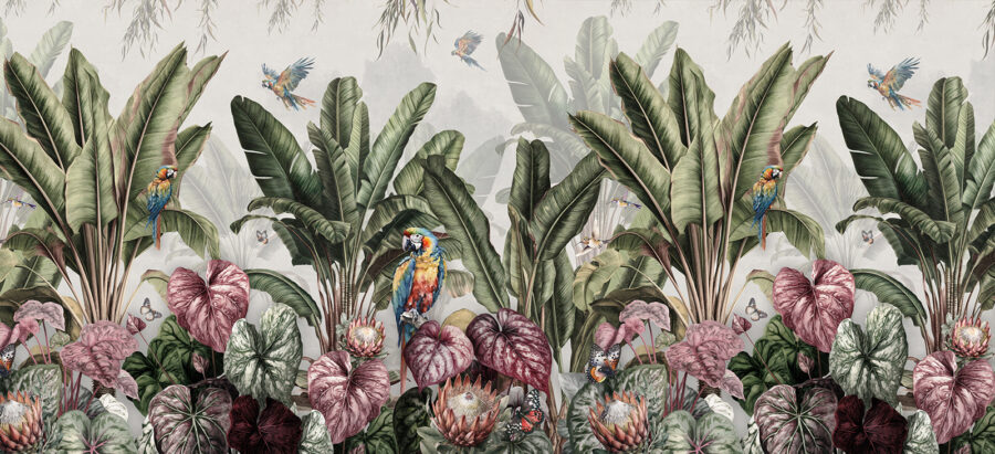 Papel de parede com plantas tropicais e pássaros