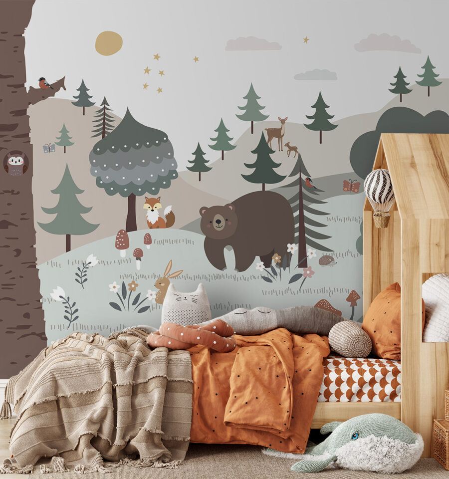 Desenho animado de um urso e um coelho numa floresta