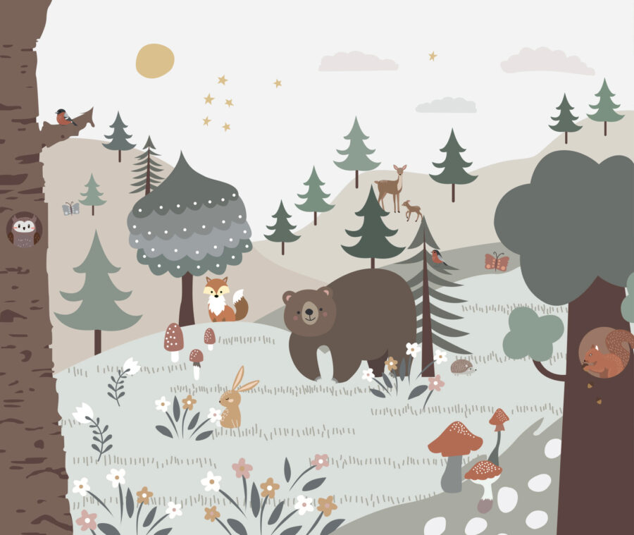Desenho animado de um urso e um coelho numa floresta