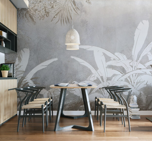 Papel de parede branco e cinzento com plantas Papel de parede branco e cinzento com plantas