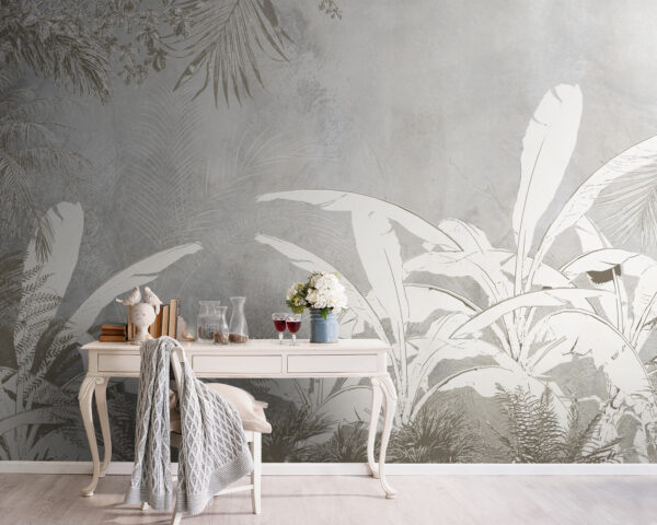 Papel de parede branco e cinzento com plantas Papel de parede branco e cinzento com plantas