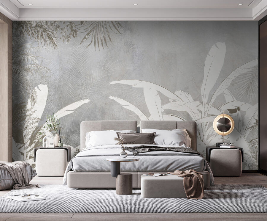 Papel de parede branco e cinzento com plantas