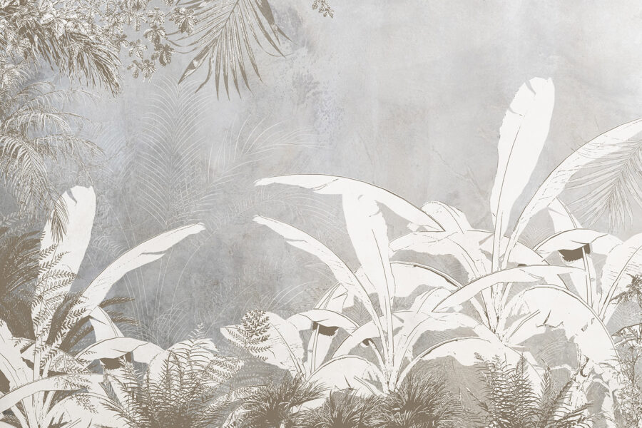 Papel de parede branco e cinzento com plantas
