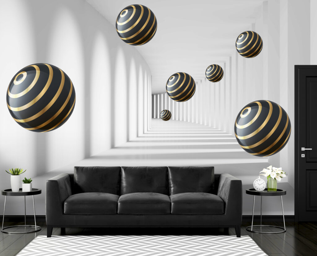 Striped spheres float in white corridor Striped spheres float in white corridor