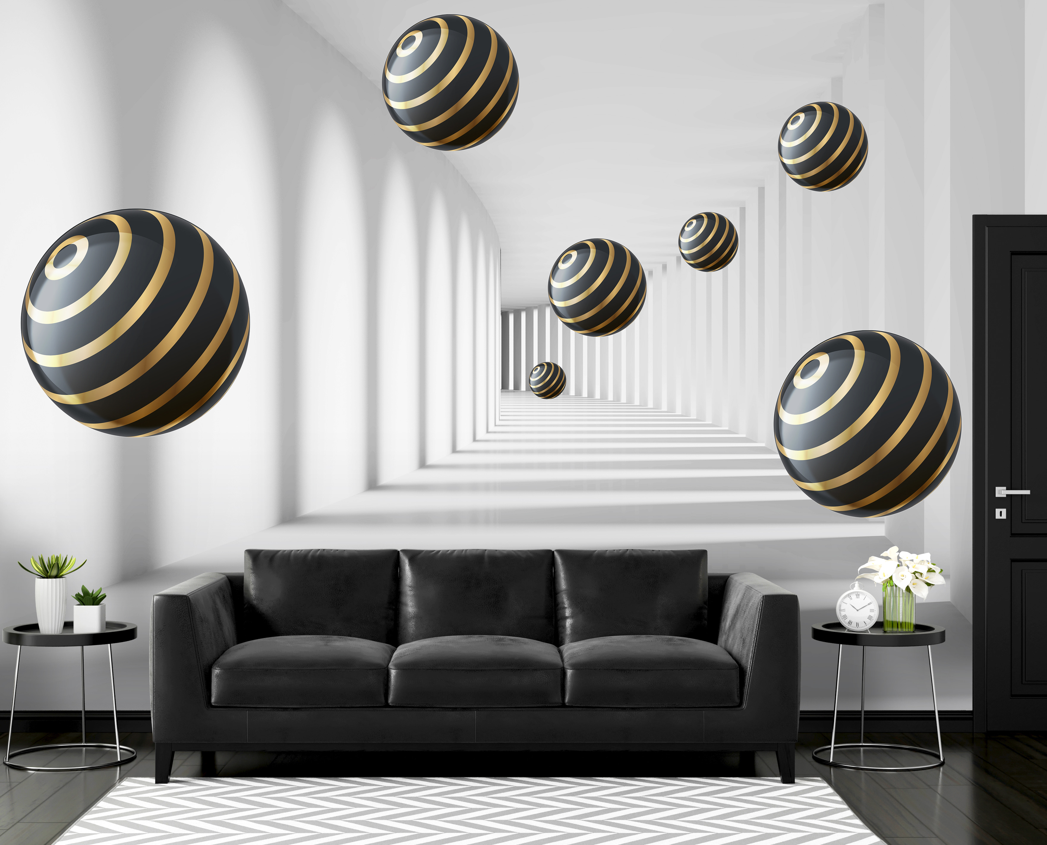 Striped spheres float in white corridor