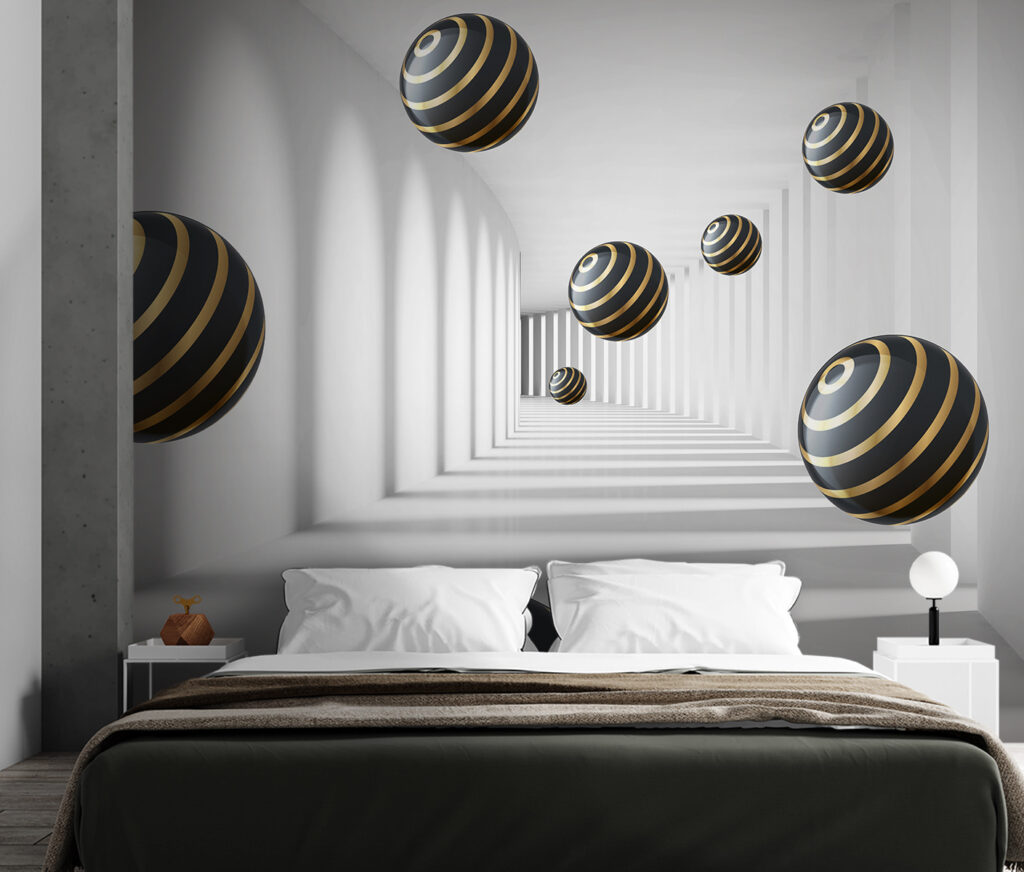 Striped spheres float in white corridor Striped spheres float in white corridor