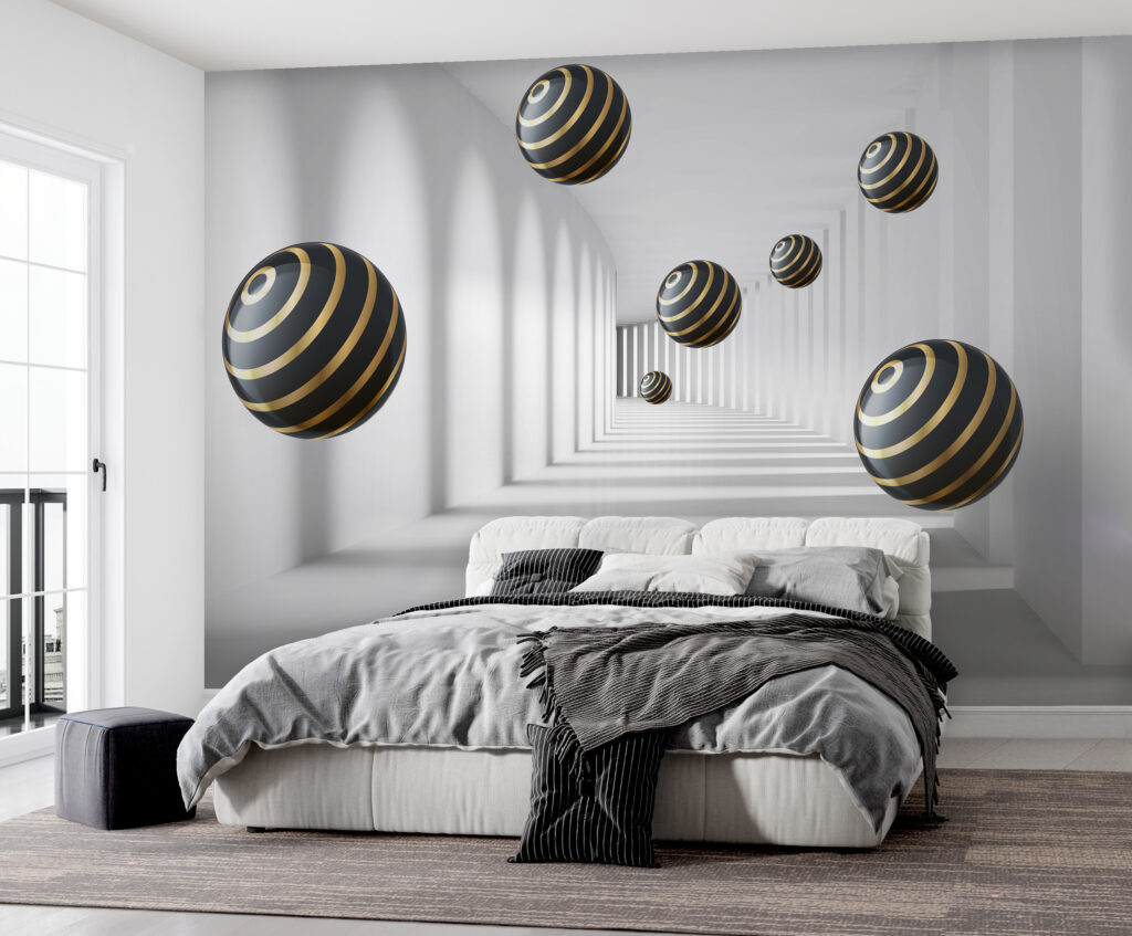 Striped spheres float in white corridor Striped spheres float in white corridor