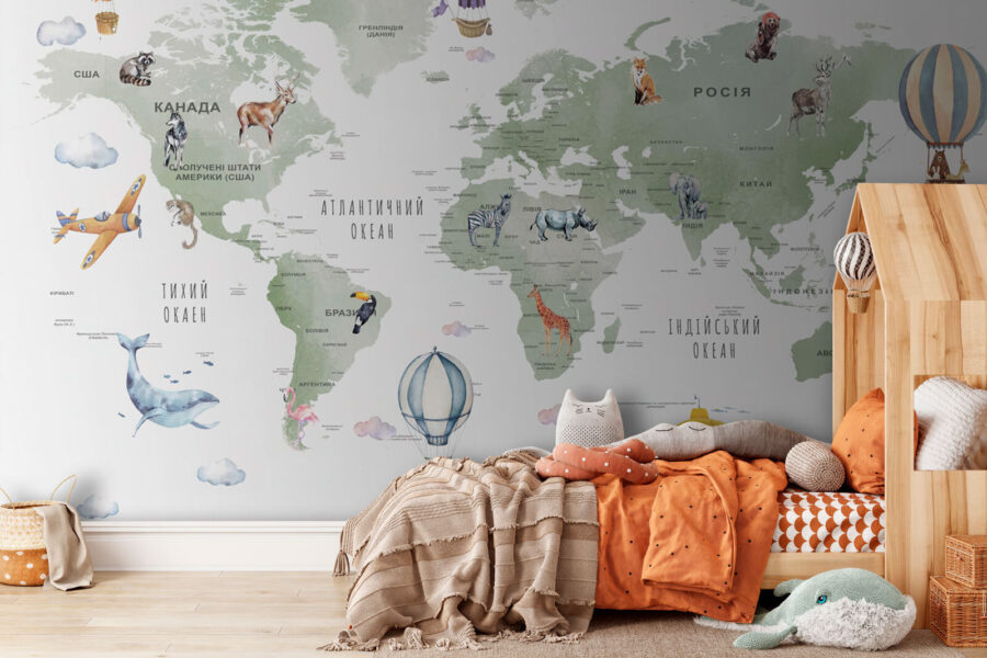 Mapa do mundo com animais e palavras