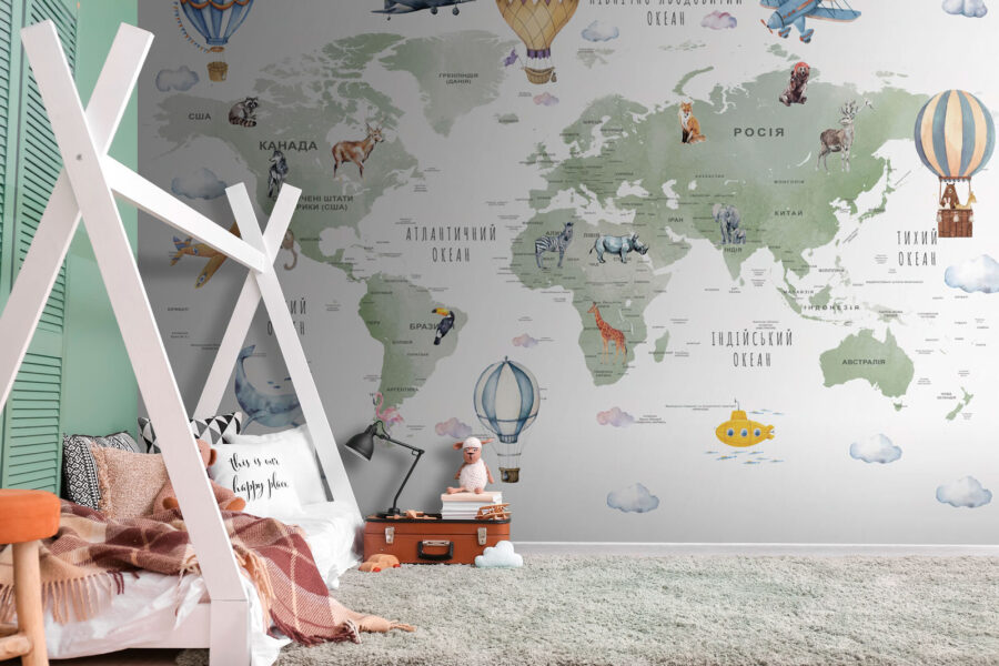 Mapa do mundo com animais e palavras