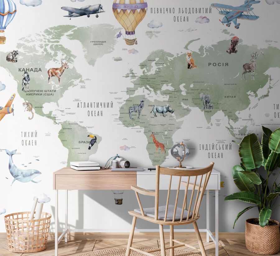 Mapa do mundo com animais e palavras