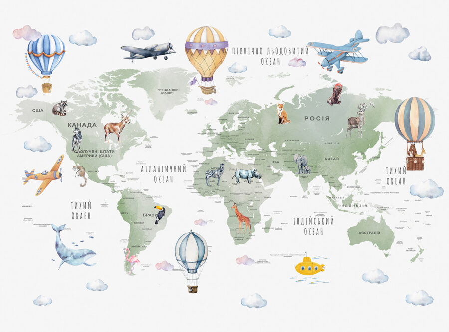 Mapa do mundo com animais e palavras