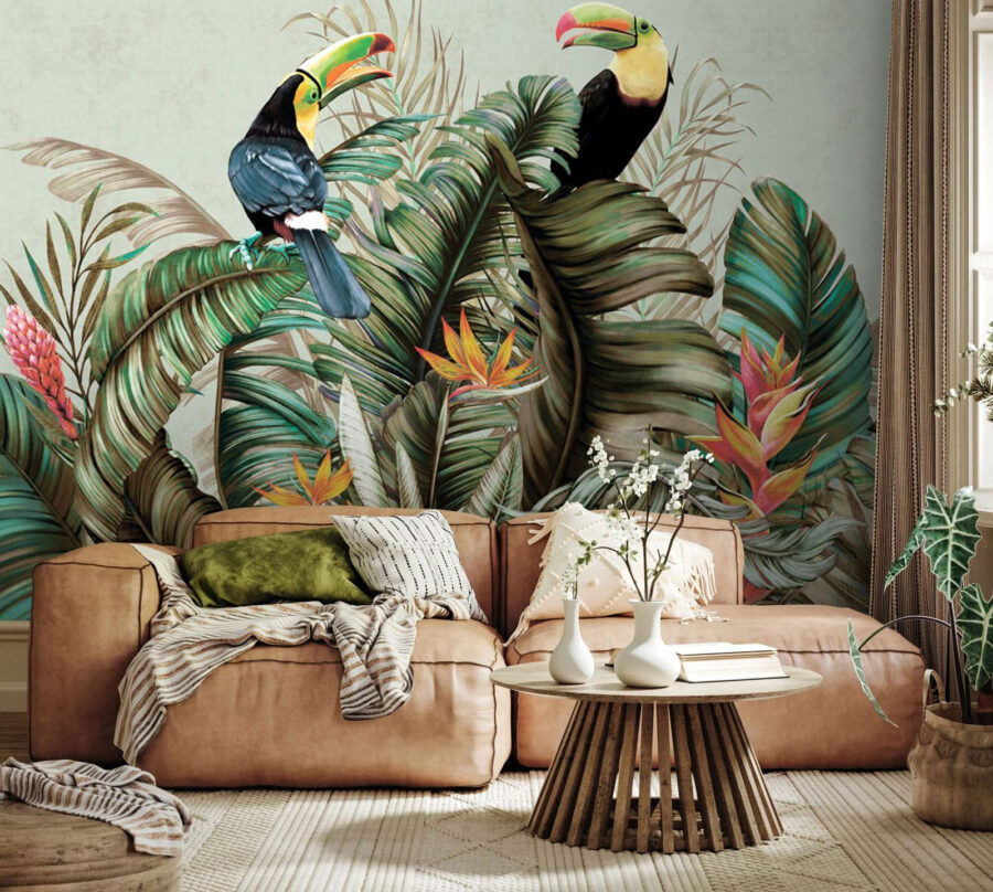 Papel de parede Grupo de aves numa planta