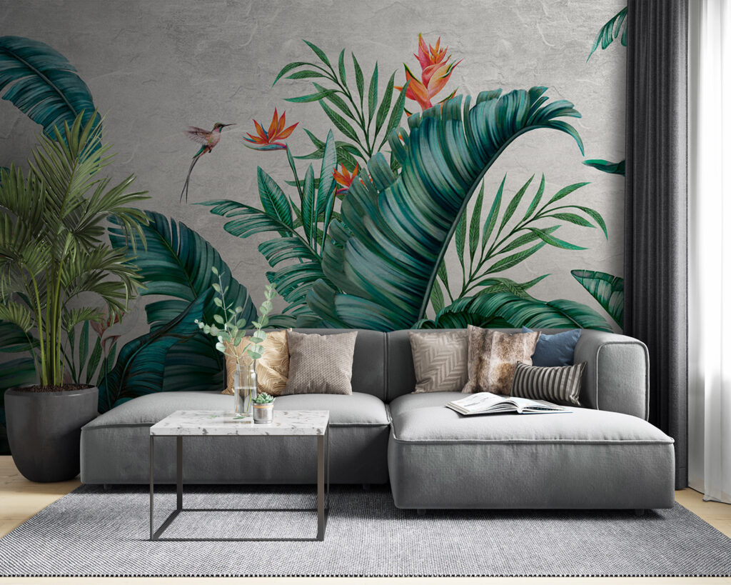 Tropical foliage with vibrant flowers