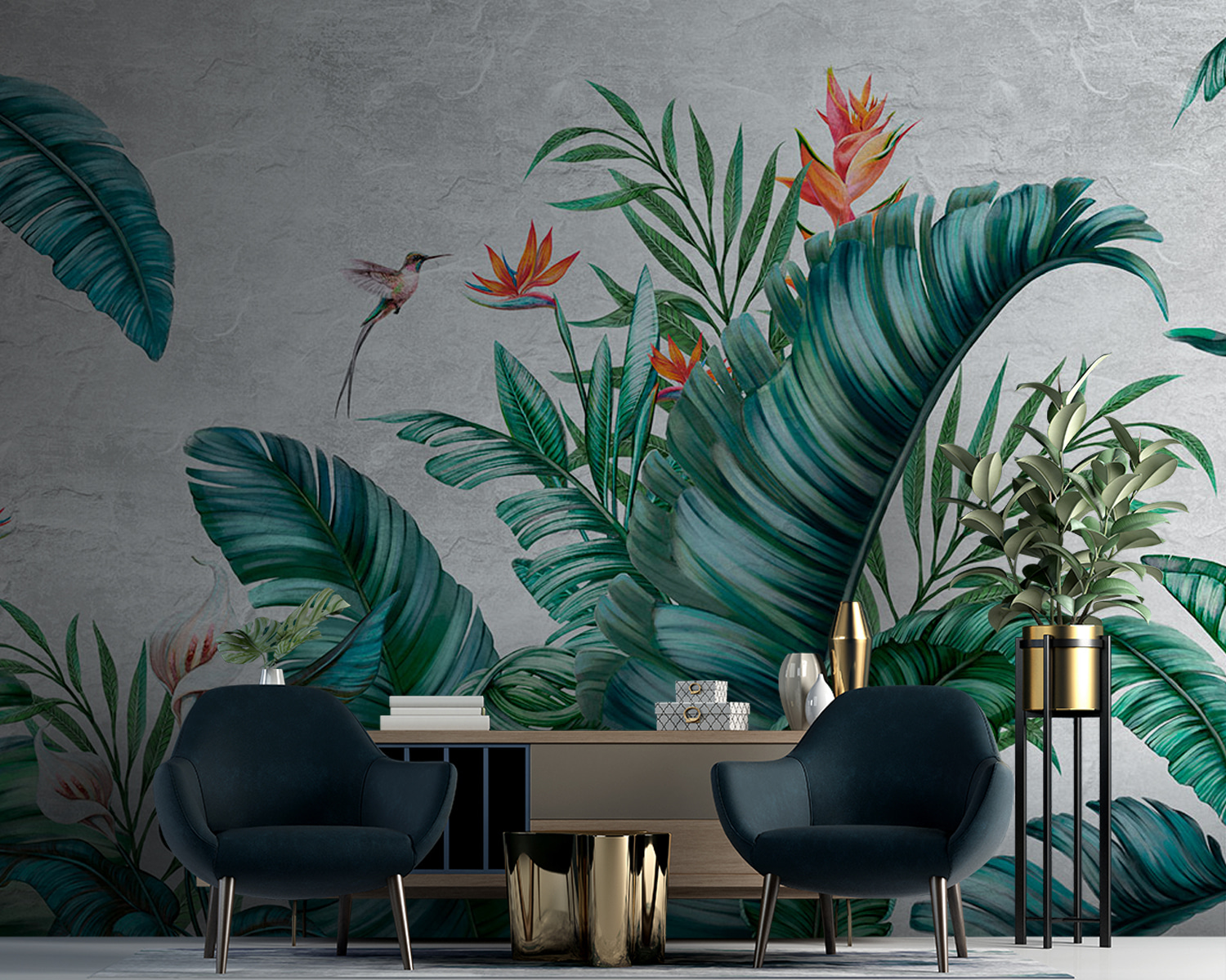 Tropical foliage with vibrant flowers