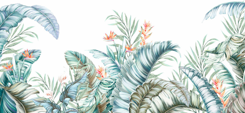 Folhagem tropical com flores vibrantes. Folhagem tropical com flores vibrantes.