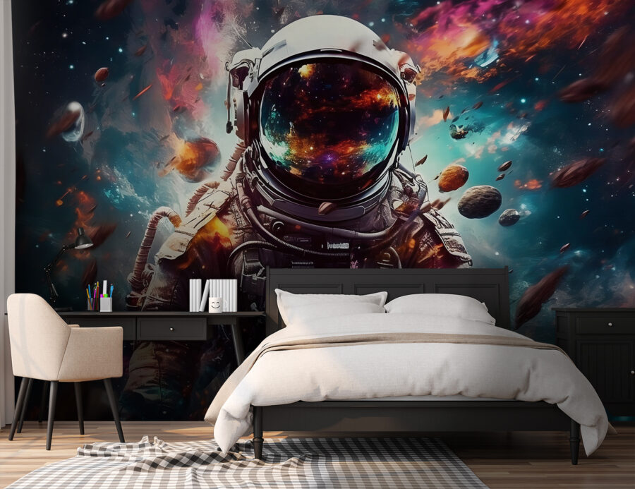 Um astronauta no espaço com um capacete grande