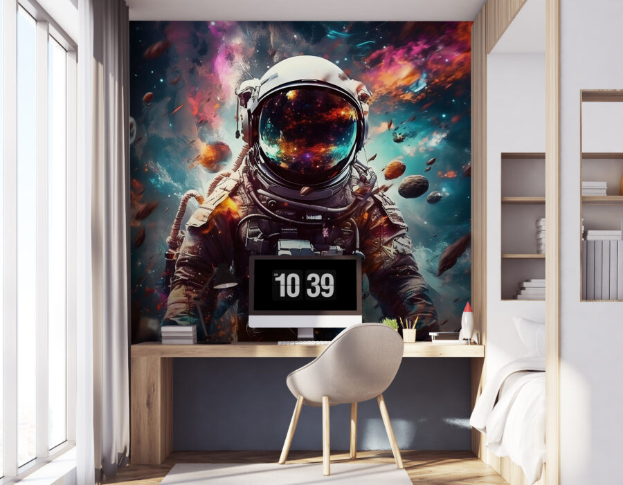 Um astronauta no espaço com um capacete grande