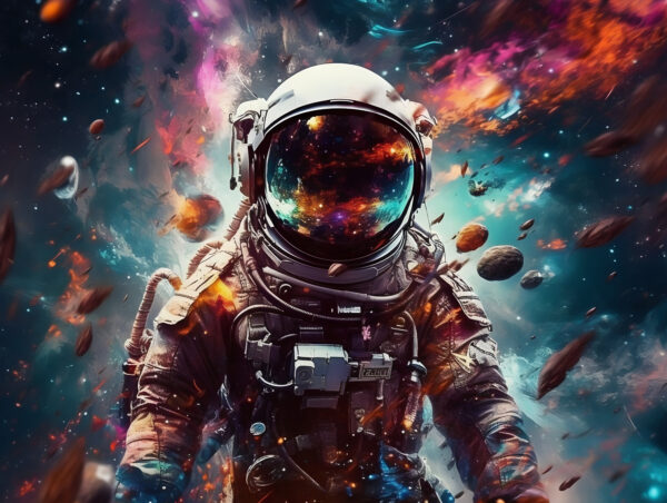 Um astronauta no espaço com um capacete grande Um astronauta no espaço com um capacete grande