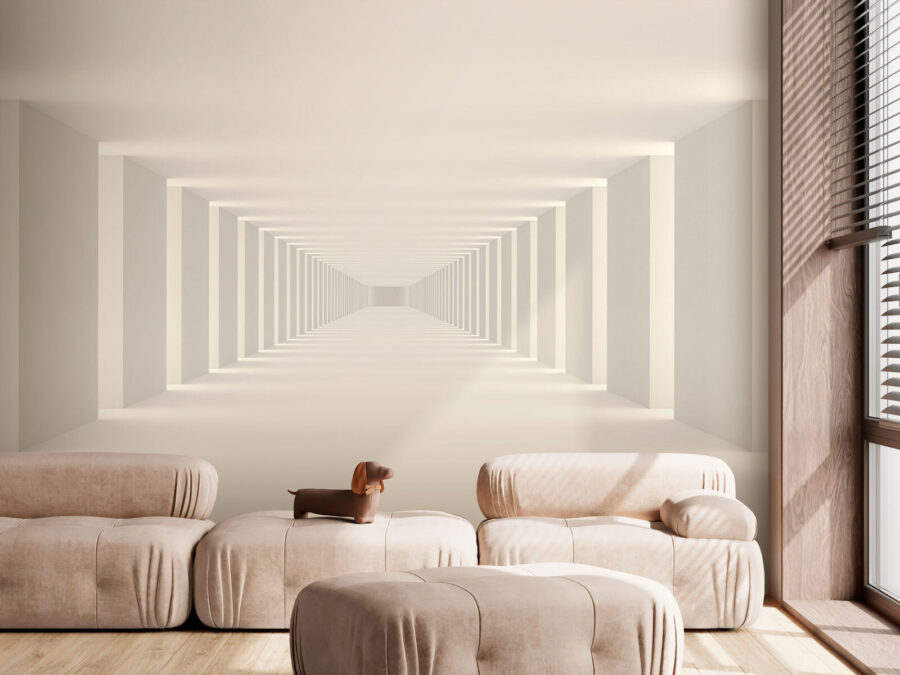 Sala branca comprida com colunas
