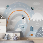 Papel de parede Desenho animado de uma estrada com casas e arco-íris