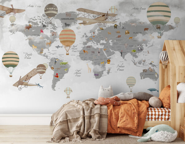 Mapa do mundo com animais e balões de ar quente Mapa do mundo com animais e balões de ar quente