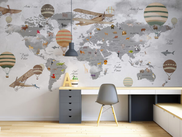 Mapa do mundo com animais e balões de ar quente Mapa do mundo com animais e balões de ar quente