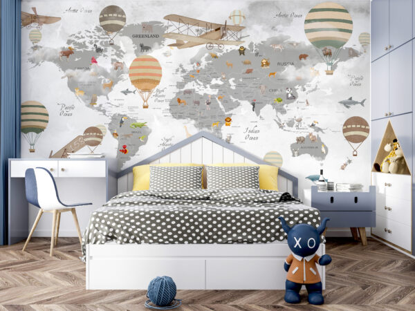 Mapa do mundo com animais e balões de ar quente Mapa do mundo com animais e balões de ar quente