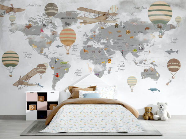 Mapa do mundo com animais e balões de ar quente Mapa do mundo com animais e balões de ar quente