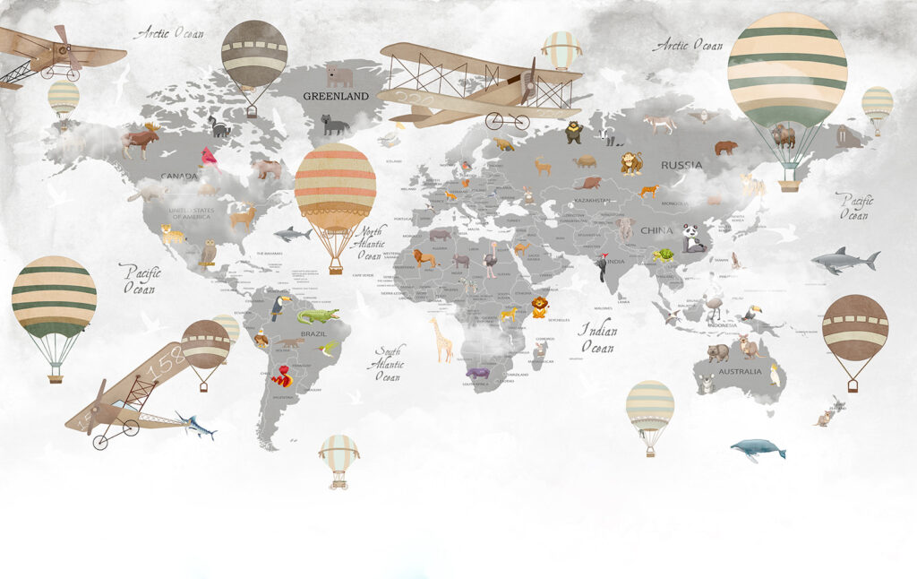 Mapa do mundo com animais e balões de ar quente Mapa do mundo com animais e balões de ar quente