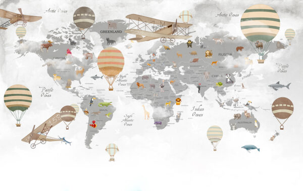 Mapa do mundo com animais e balões de ar quente Mapa do mundo com animais e balões de ar quente