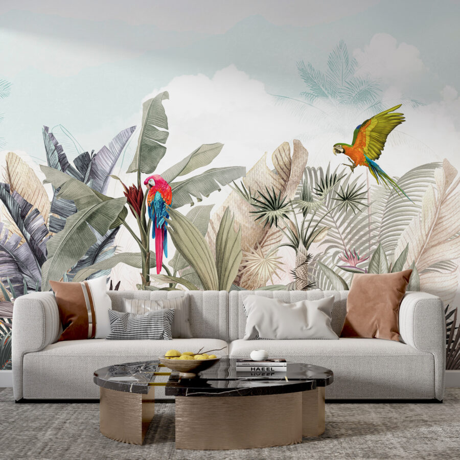 Papel de parede com plantas tropicais e pássaros